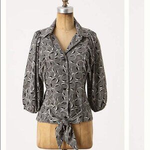MAPLE Anthropologie Floral Swirl Dot Button Front Tie Silk Top Blouse Sz 2